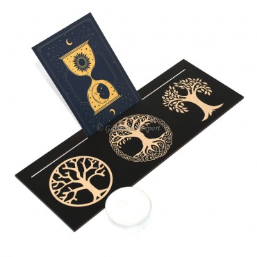 Triple Tree of Life  Tealight Candle Holder with Wooden Card Stand