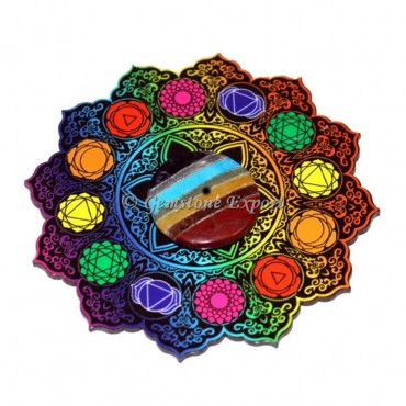 Colorful Chakra Symbols Mandala Wooden Coaster with Bonded Chakra Disc