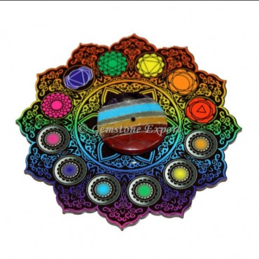 Colorful Printed Chakra Symbols Mandala Wooden Coaster with Bonded Chakra Disc