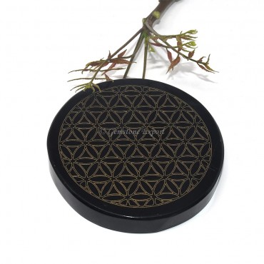 Black Agate Engraved Flower Of Life Coaster