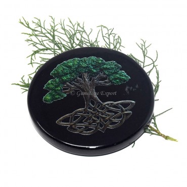 Black Agate Engraved Colourful  Tree Of Life Coaster