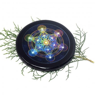 Black Agate Metatron Engraved Flower Of Life Coaster