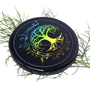 Black Agate Engraved Tree Of Life Colourful Coaster