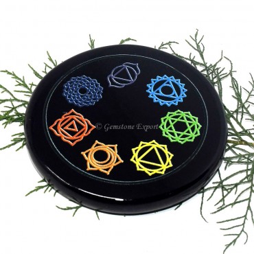 Black Agate Printed Colourful Seven Chakra Symbols Coaster