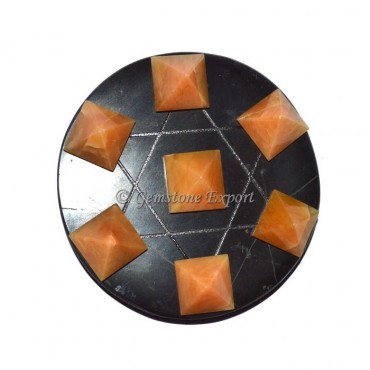 Golden Quartz Pyramids With Black Agate Pentagram