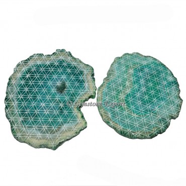 Flower Of Life Symbol Engraved On Green Agate Slice