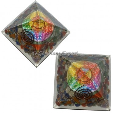 Chakra Stones With Printed Flower Of Life Orgonite Pyramid