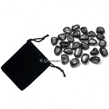 Black Agate Rune Set Silver Engraved