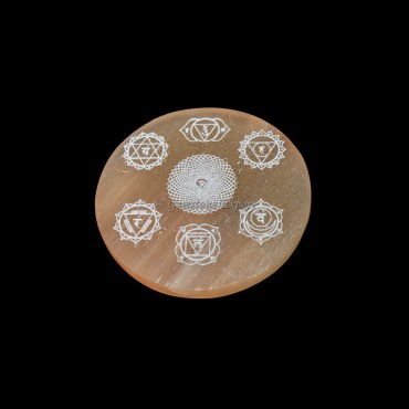 Orange Charging Selenite Plate With Seven Chakra Engraved