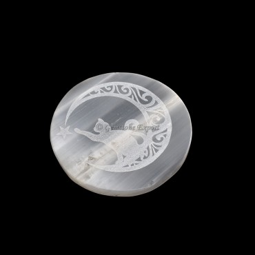 Charging Selenite Plate With Chasing Cat Symbol Engraved