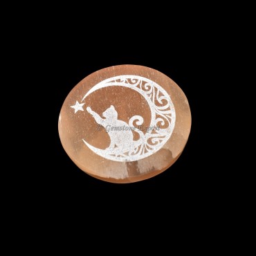 Orange Charging Selenite Plate With Chasing Cat Symbol Engraved