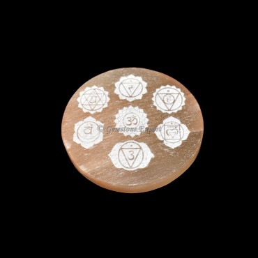 Orange Charging Selenite Plate With Seven Chakra Engraved