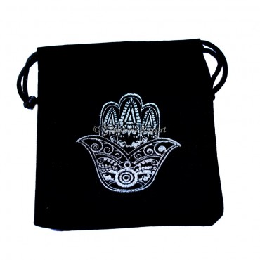 Hamsa Symbol Silver Print Black Velvet Pouch