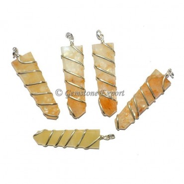 Golden Quartz Flat Pencil Wire Wrap Pendant