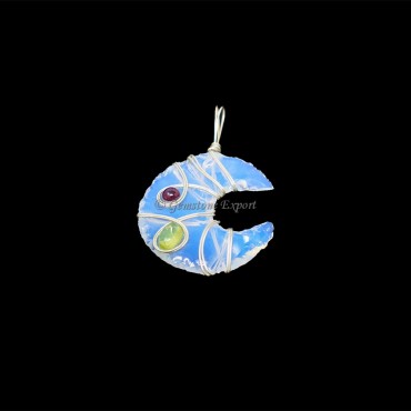 Opalite Moon Silver Wire Wraped Pendant